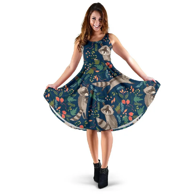 Raccoon Floral Pattern Print Dress Tunics Plaid country