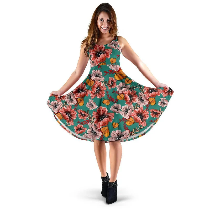 Poppy Floral Red Pattern Print Dress Tunics Travel practical