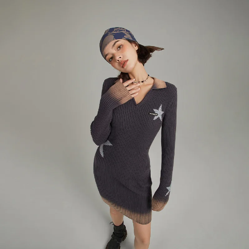 Open Collar Star Knit Dress Tunics Chic fashionable