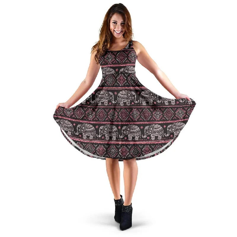 Red Elephant Aztec Pattern Print Dress A-Line Day Work