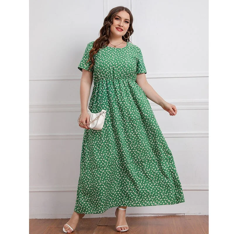 BerriesJam - Floral Short Sleeve Casual Loose Large Size Long Dress Tunics Chinos classic