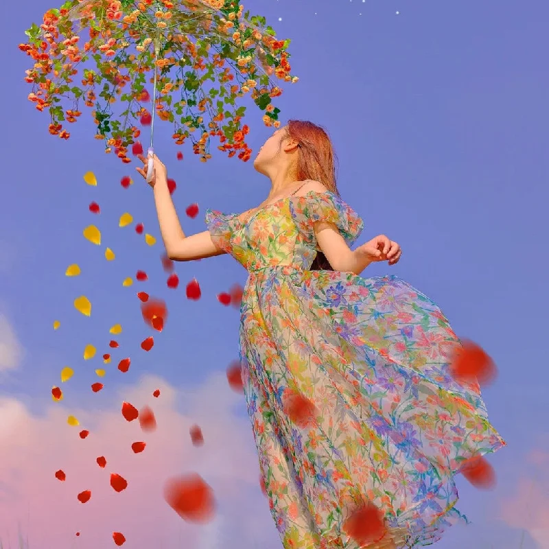 Floral Organza Long Dress PL52897 Turtleneck Neckline Stylish