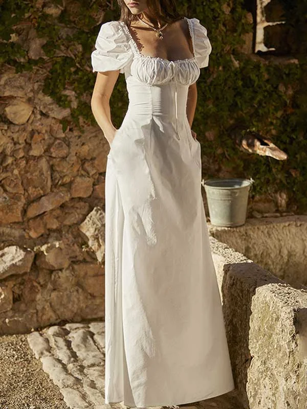 Puff Sleeve Solid White Long Dress Tunics Wedding white