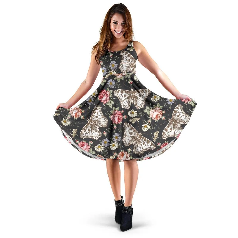 Rose Monarch Butterfly Pattern Print Dress Tunics Bridal satin
