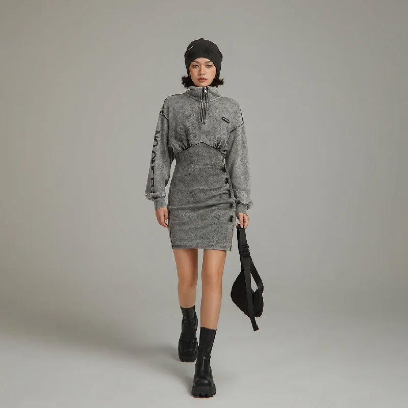 Half Zip-Up Vintage Printed Dress Crew Neckline Sporty