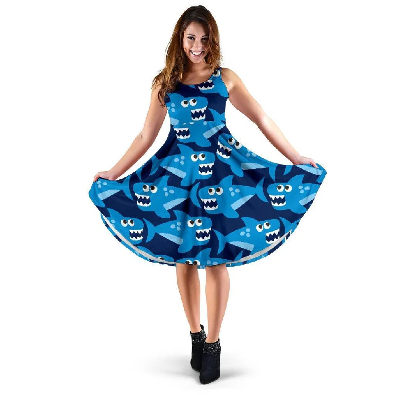 Shark Circling Cartoon Pattern Print Dress Off-the-shoulder Chic Trendy