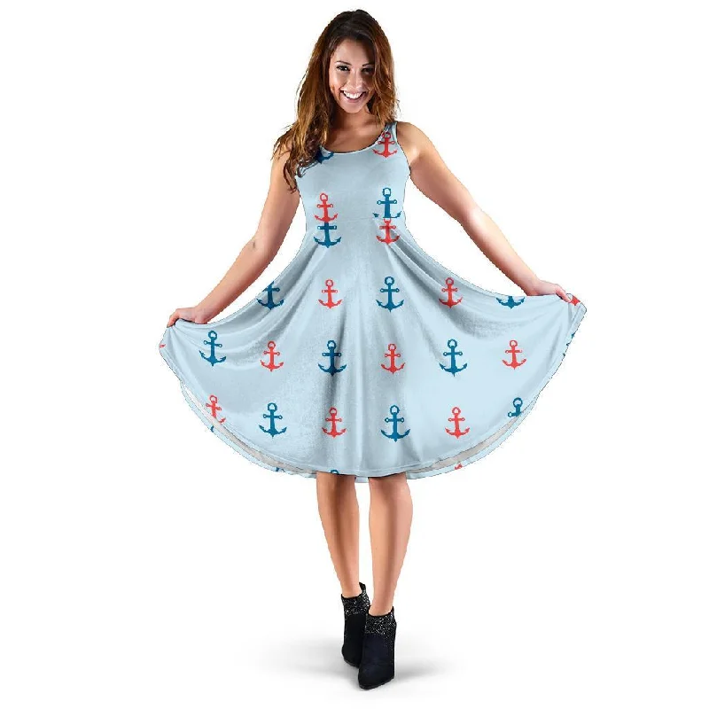 Red Anchor Nautical Pattern Print Dress Halter Neckline Beach