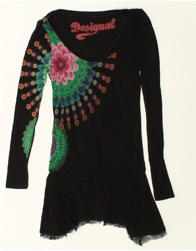 DESIGUAL Womens Graphic Drop Waist Dress UK 12 Medium Black Floral Viscose Tunics Top rated