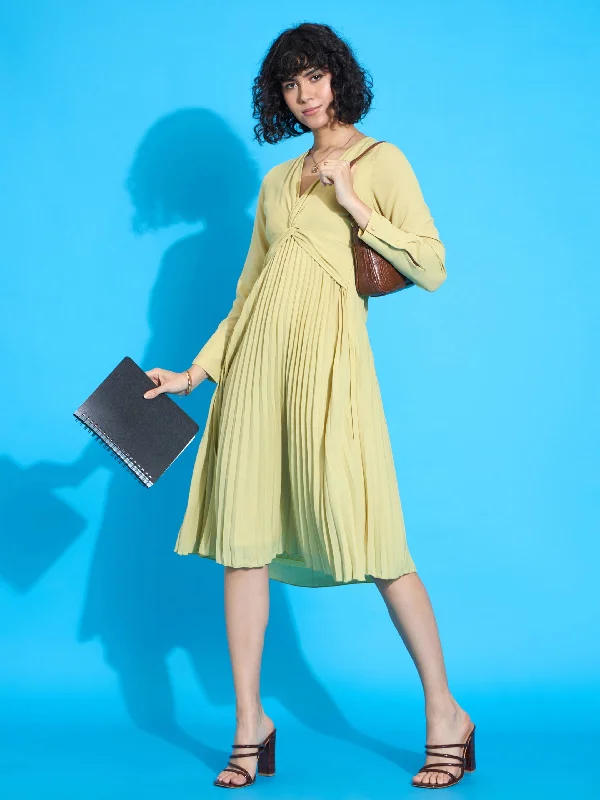 Women Lime Twisted Pleated Skater Dress Tunics Luxurious premium