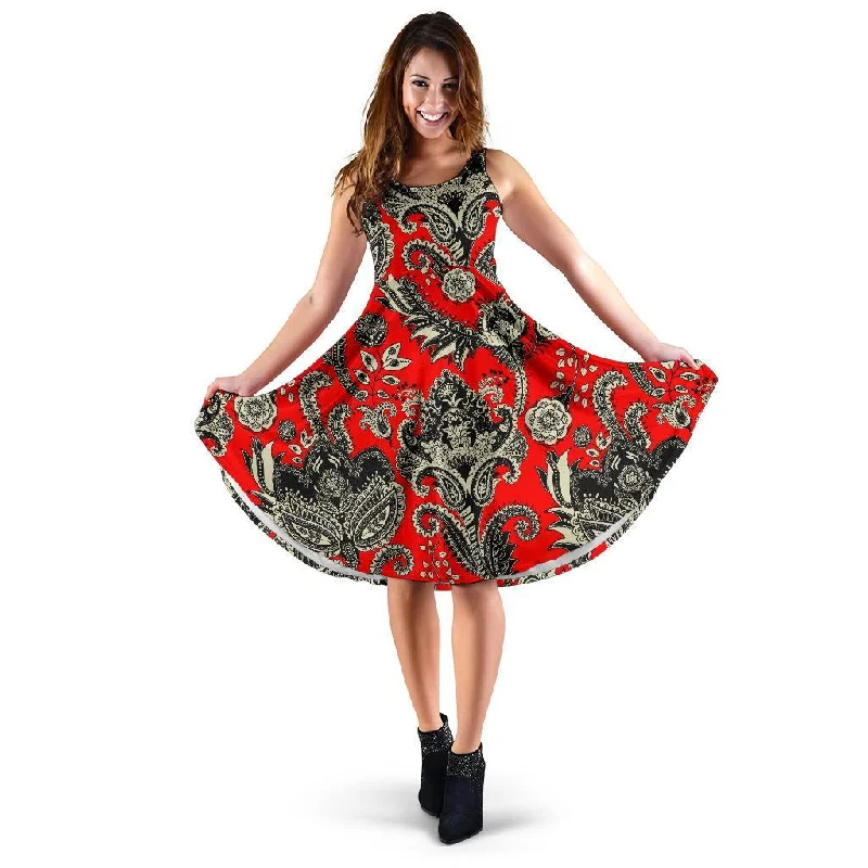 Red Paisley Pattern Print Dress Tunics Sophisticated sleek