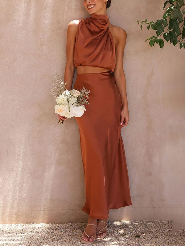 Sleeveless Satin Ctop Top Maxi Skirt Dress Off-the-shoulder Chic Trendy