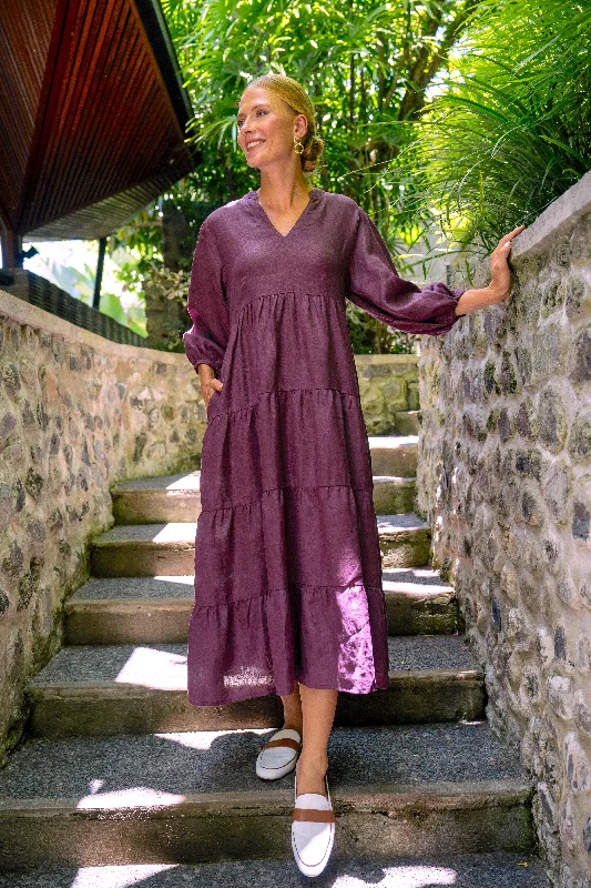 Sabre Linen V-Neck Dress in Plum Tunics Lace romantic