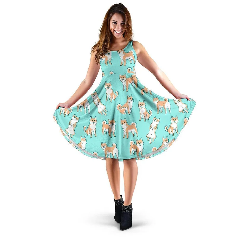 Shiba Inu Dog Pattern Print Dress Floral Print girly