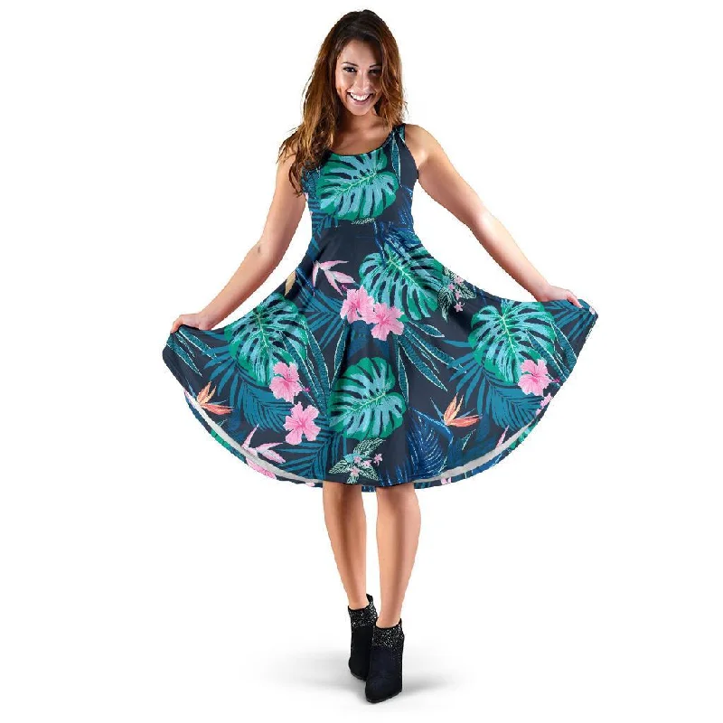 Pink Floral Tropical Palm Leaves Hawaiian Pattern Print Dress Tunics Party sparkling
