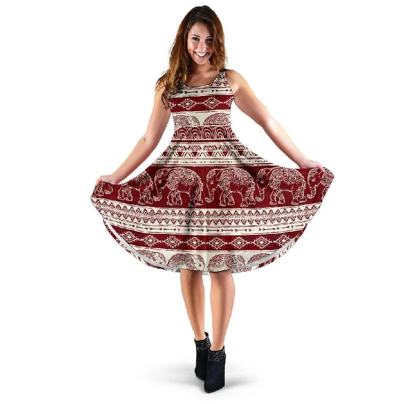 Red Aztec Elephant Pattern Print Dress Shift Classic Vintage