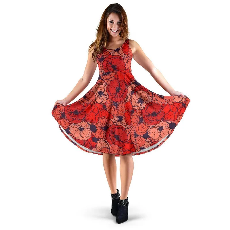 Red Poppy Floral Pattern Print Dress Tunics Stylish elegant