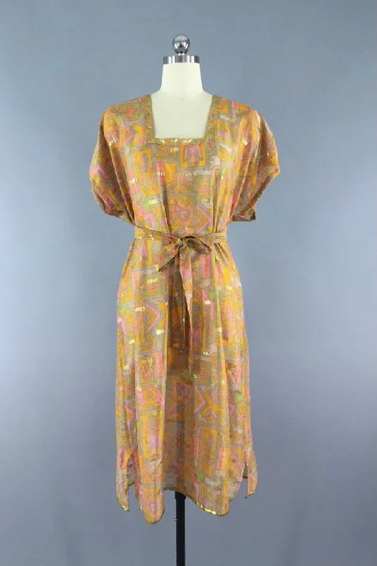 Orange Kaftan Dress made from a Vintage Indian Sari Turtleneck Warm Winter