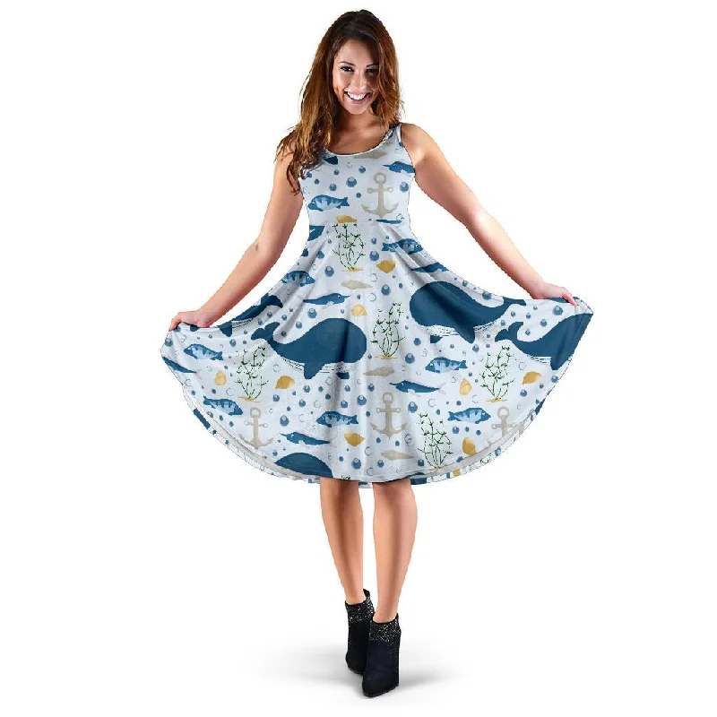 Pattern Print Whale Humpback Dress Turtleneck Neckline Stylish