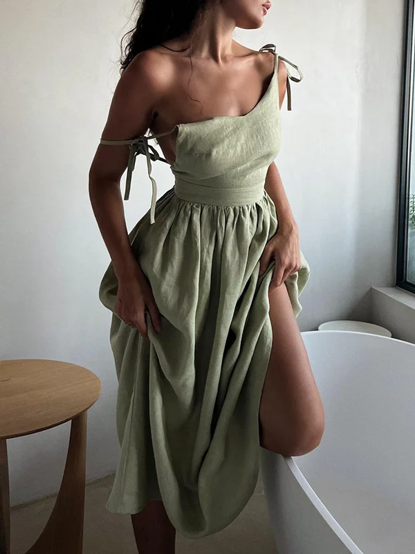 Solid Ruffle Hem Cami Long Dress Boat Neckline Classic