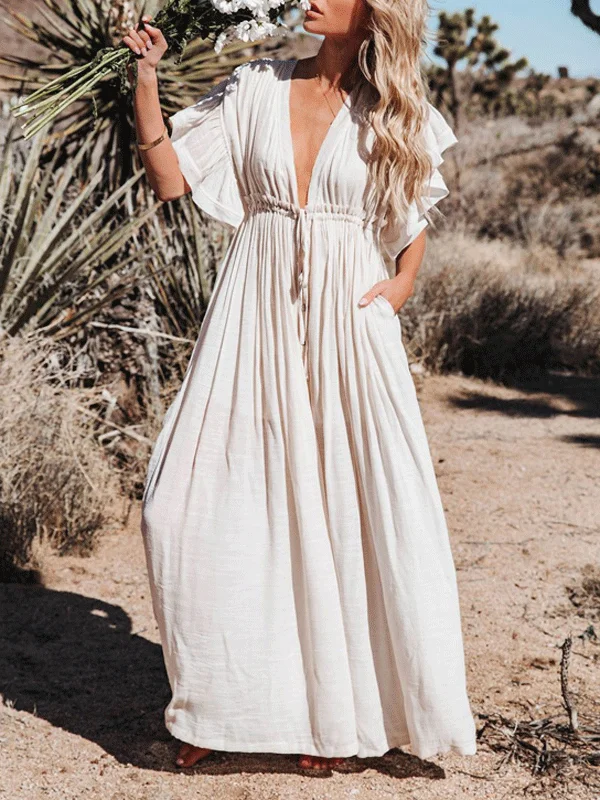 Beach Drawstring Long Dress Maxi Flowy Bohemian
