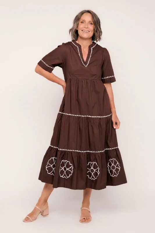 Sabre V-Neck Poplin Dress in Chocolate Tunics Luxurious high-end