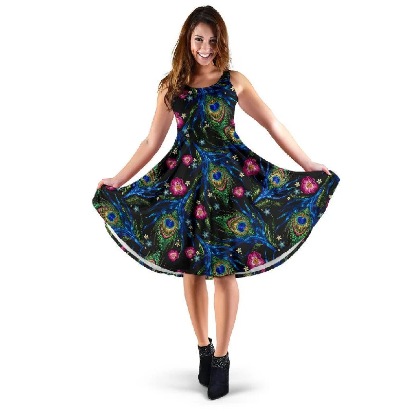 Peacock Rose Feather Pattern Print Dress Tunics Luxurious high-end