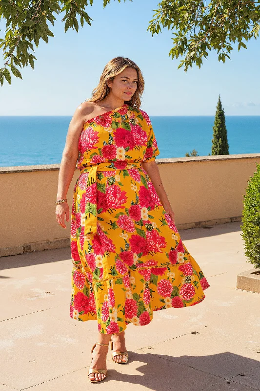 Lou Lou Tiered Dress in Dreaming Dahlias Boatneck Modish Everyday