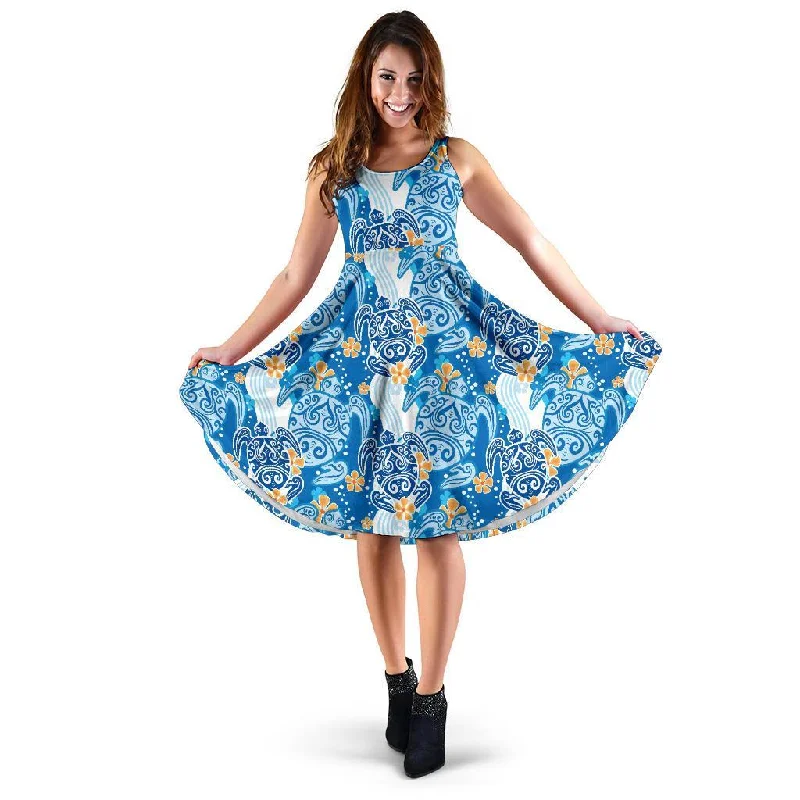 Sea Turtle Hawaiian Blue Pattern Print Dress Tunics Lace romantic