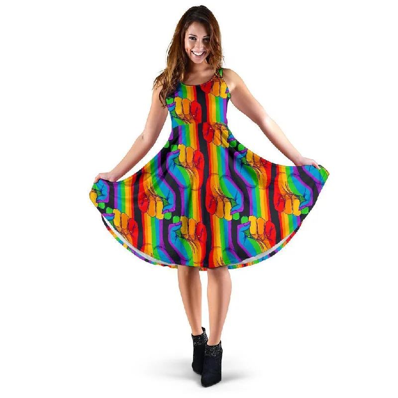 Rainbow Lgbt Patterm Print Dress Square Neckline Feminine