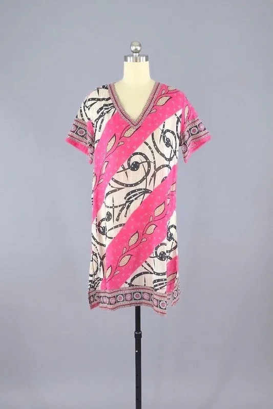 Kaftan Dress / Vintage Indian Cotton Sari / Pink Swim Coverup Tunic Tunics Polka dots