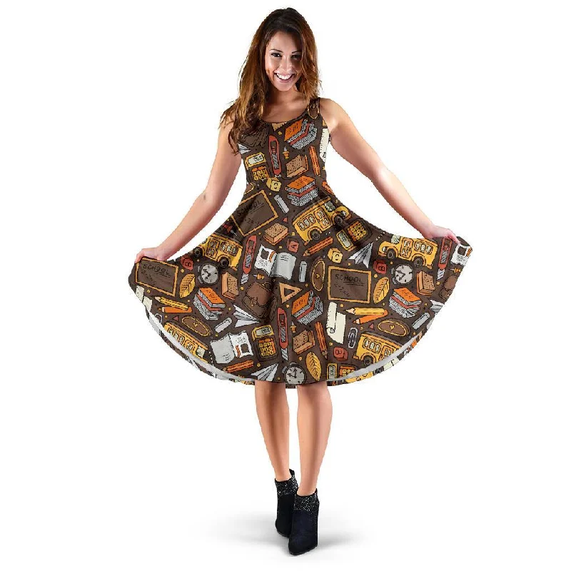 School Bus Teacher Pattern Print Dress Tunics Denim casual