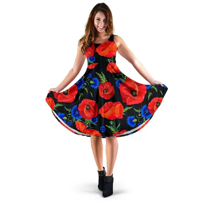 Poppy Red Floral Pattern Print Dress Tunics Gym athletic
