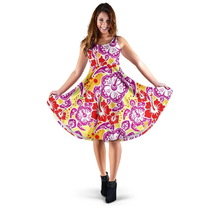 Sea Turtle Red Hibiscus Hawaiian Pattern Print Dress Tunics Print Colorful