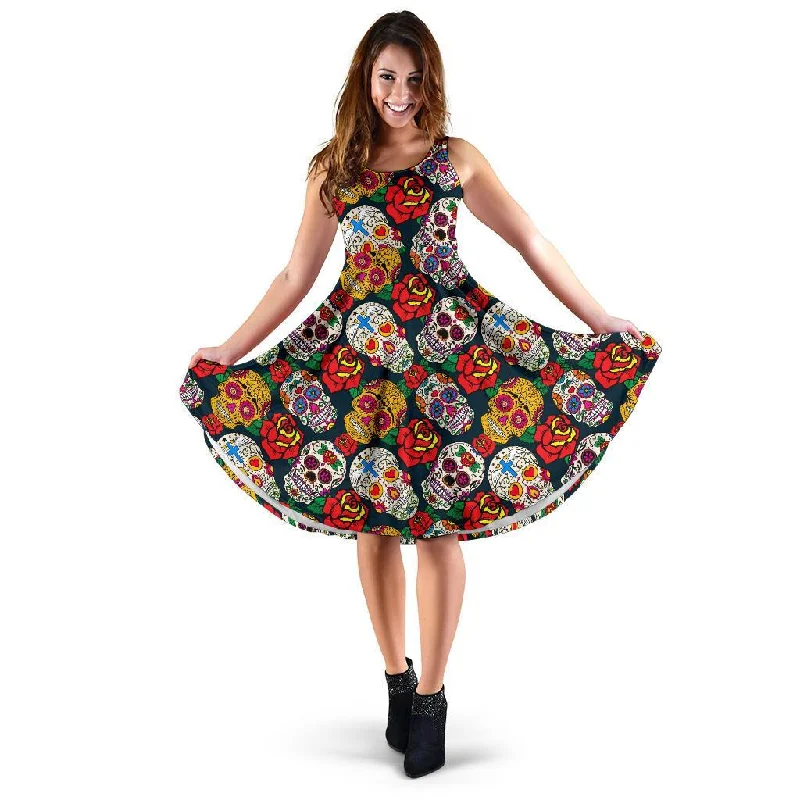 Rose Sugar Skull Skeleton Girly Floral Pattern Print Dress Tunics Wedding white
