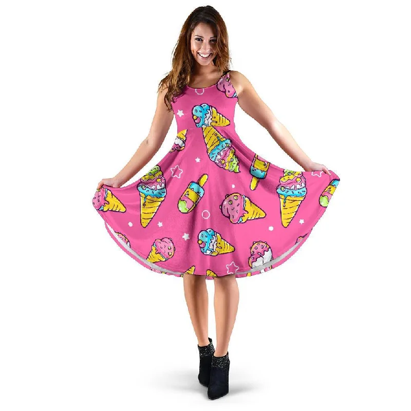 Pink Ice Cream Cone Pattern Print Dress Tunics Polka dots