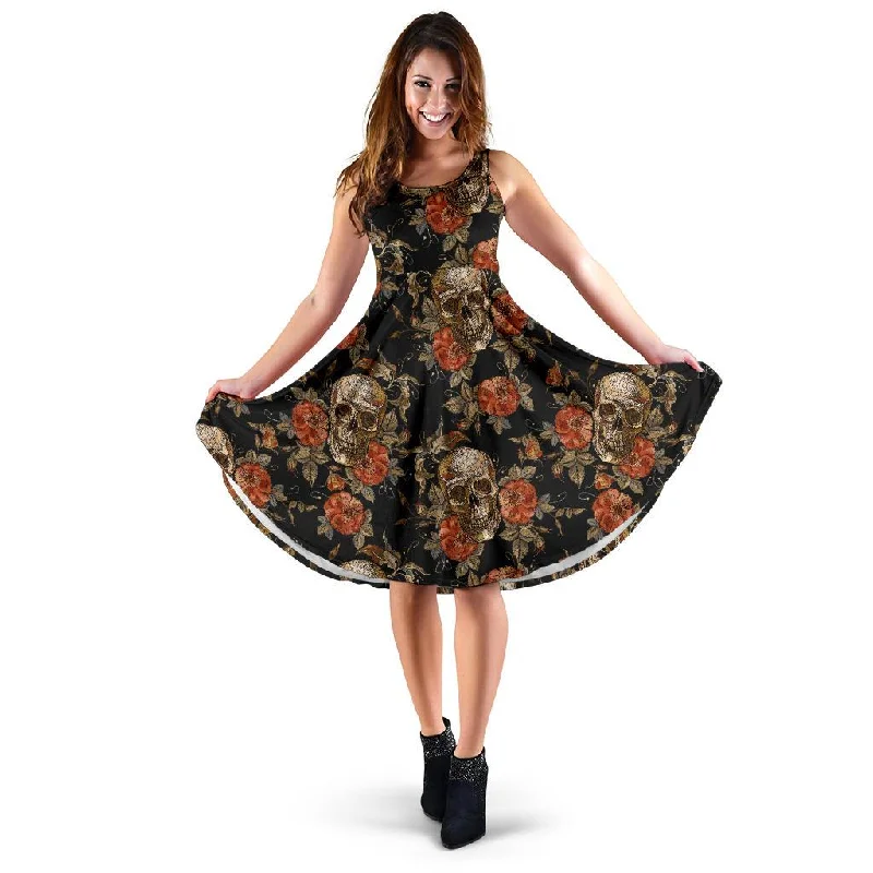 Skeleton Sugar Skull Girly Floral Rose Pattern Print Dress Tunics Sophisticated sleek