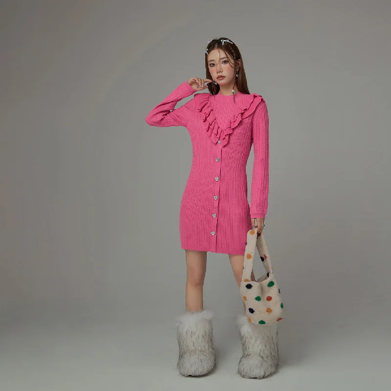 Ruffle Heart Button Knit Dress Turtleneck Warm Winter