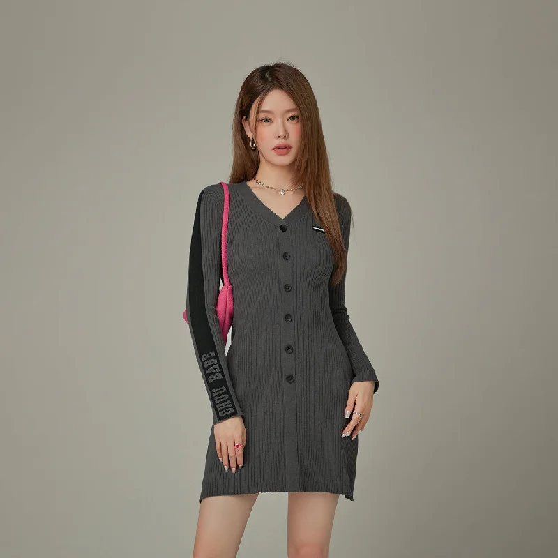 Ribbed Knit Button Dress Tunics Versatile functional