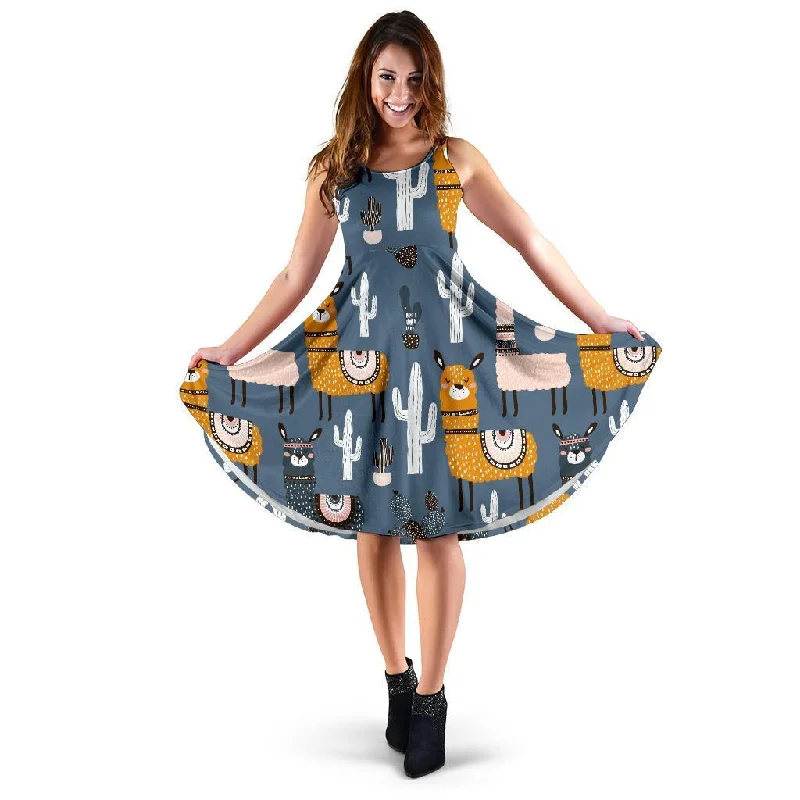 Print Pattern Llama Cactus Dress sweetheart Neckline Romantic