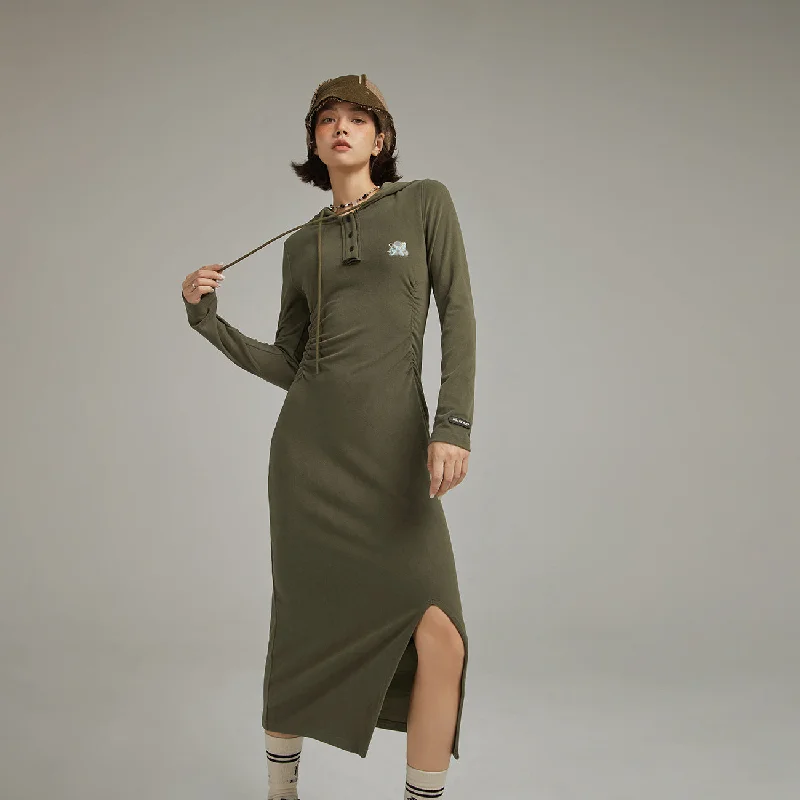 Hooded Shirring Slit Long Dress Tunics Trendy modern