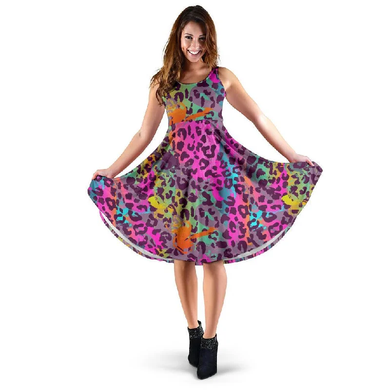 Rainbow Cheetah Leopard Pattern Print Dress Crew Neckline Sporty