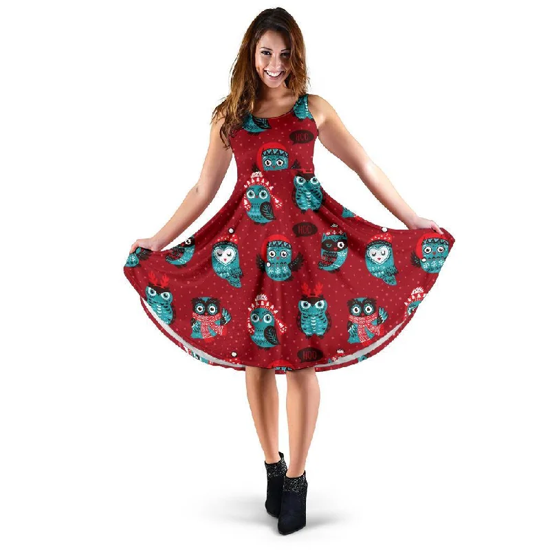 Red Owl Christmas Pattern Print Dress Tunics Luxurious premium