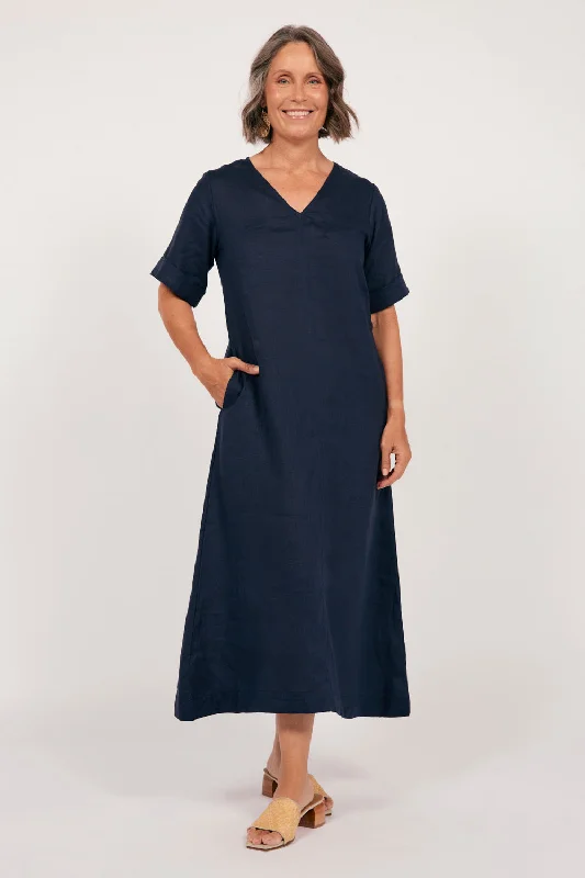 Tamara Linen V-Neck Dress in Navy Boatneck Modish Everyday