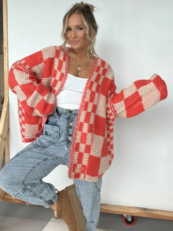 Ashley Plaid Open Front Long Sleeve Cardigan Boxy Cardigan Fitted Cardigan A-Line