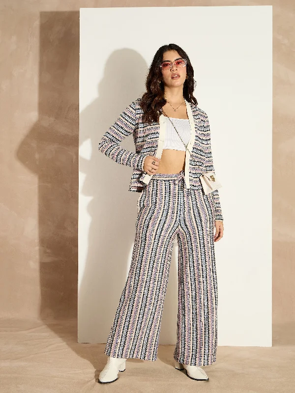 Women White Chevron Stripe Front Button Cardigan With Track Pant Iron Safe Non-Iron Wrinkle Free