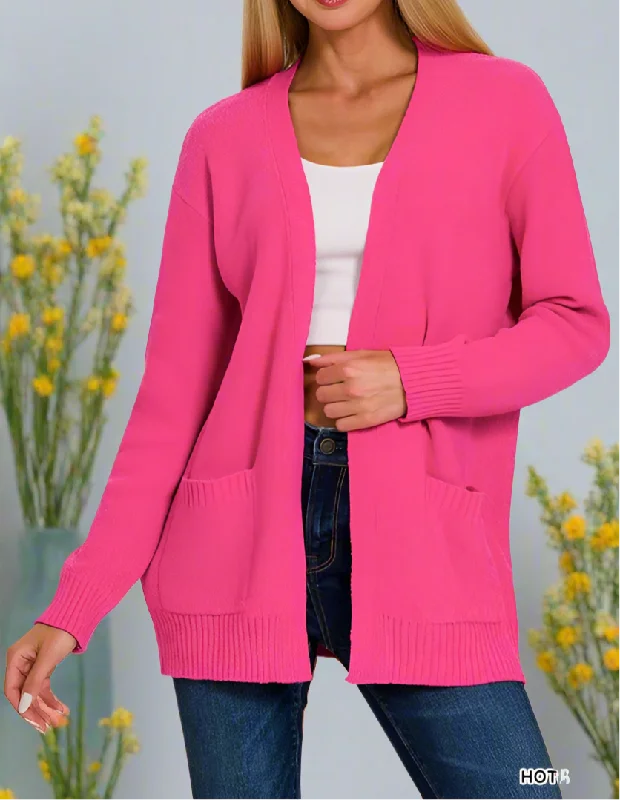 Melange Sweater Cardigan - Hot Pink Front Pockets Side Pockets Patch Pockets