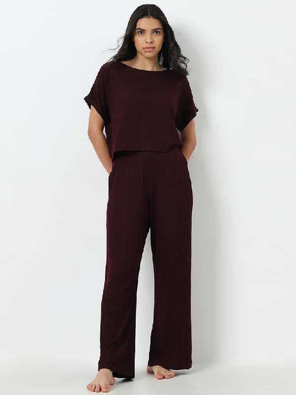 Wunderlove Purple Ribbed High-Rise Lounge Pants Trendy Work Pants
