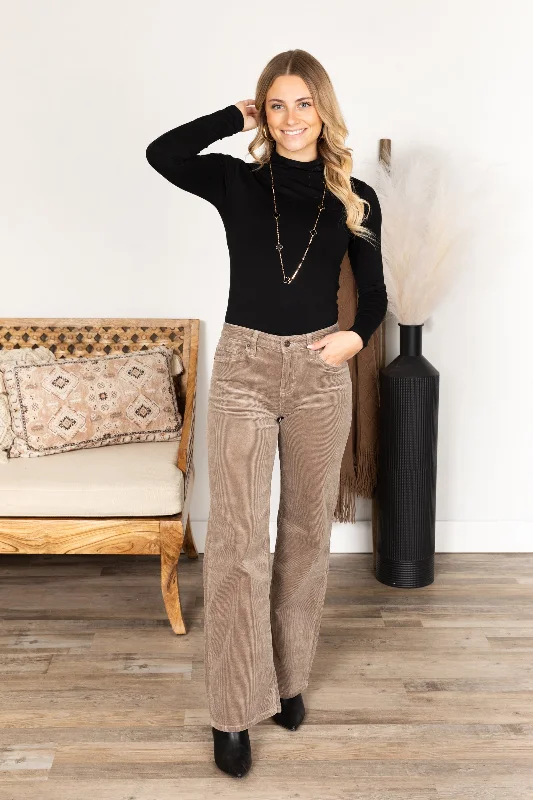 Mica Mocha Corduroy High Rise Wide Leg Pants Chic Slim Fit Pants