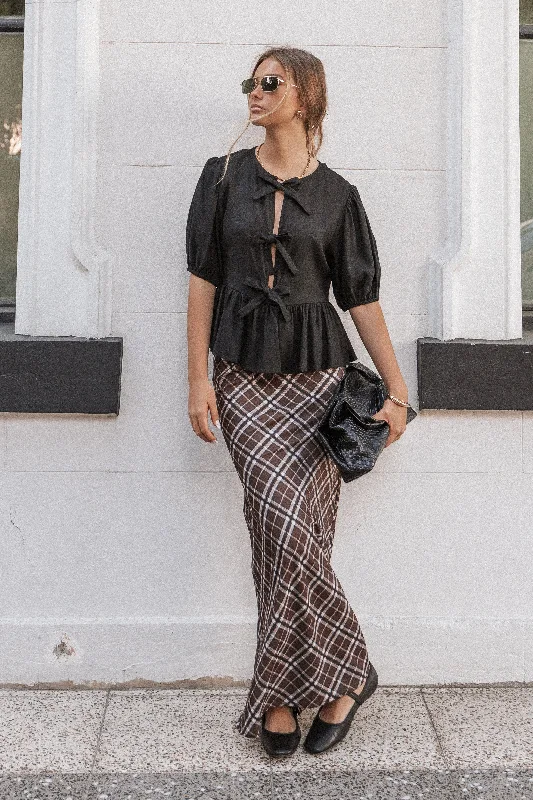 Sandra Midi Skirt - Brown Check chiffon skirt flowing