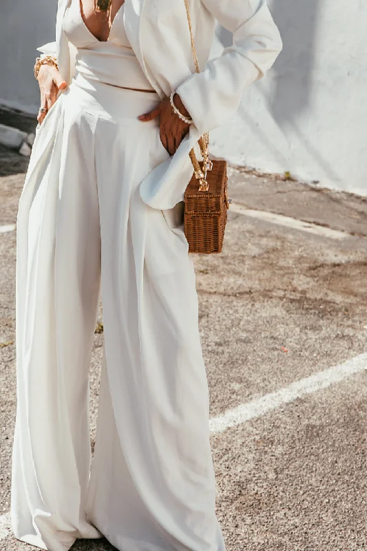 Raya High-Waisted Wide-Leg Pant - White Elegant Silk Pants
